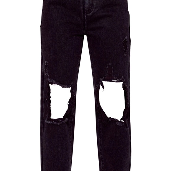 PrettyLittleThing Black Distressed Knee Split Hem Denim Jeans - Picture 3 of 4